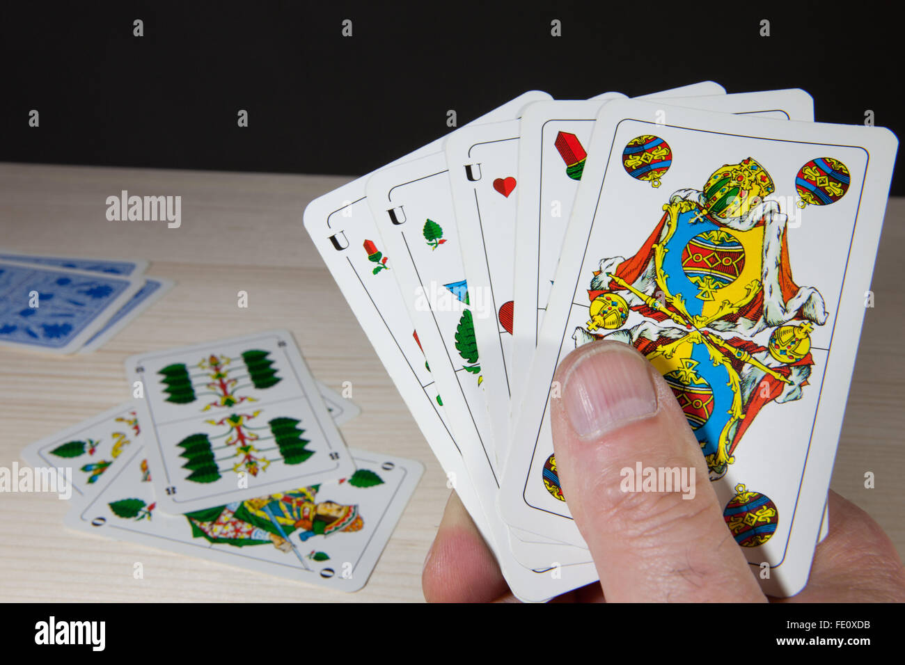 Skat joueur tenant de cartes en main Banque D'Images