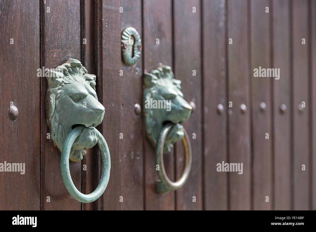 Poignées de porte en bois lion rétro Banque D'Images