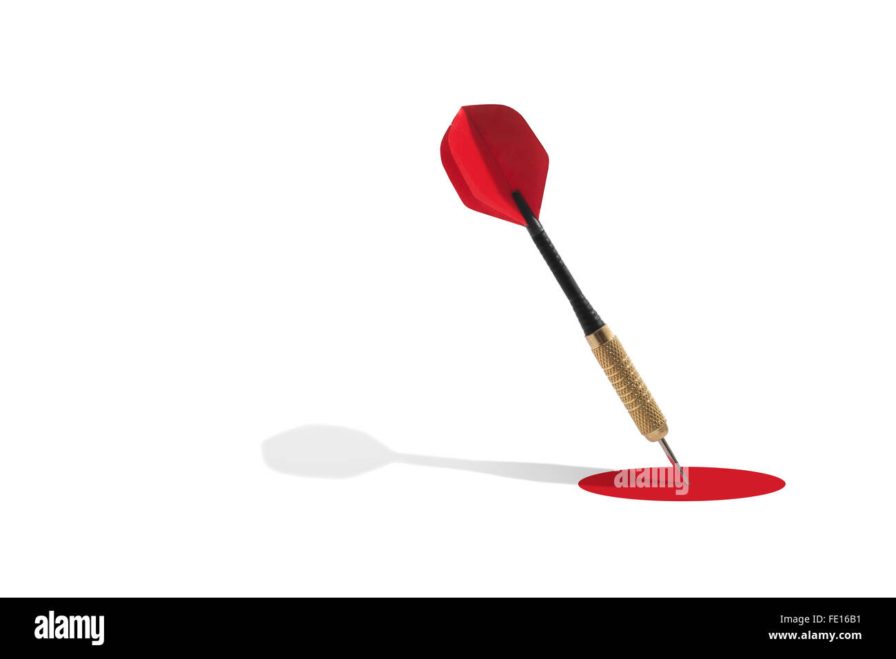 Portrait d'un dart au centre d'une cible sur un fond blanc Banque D'Images
