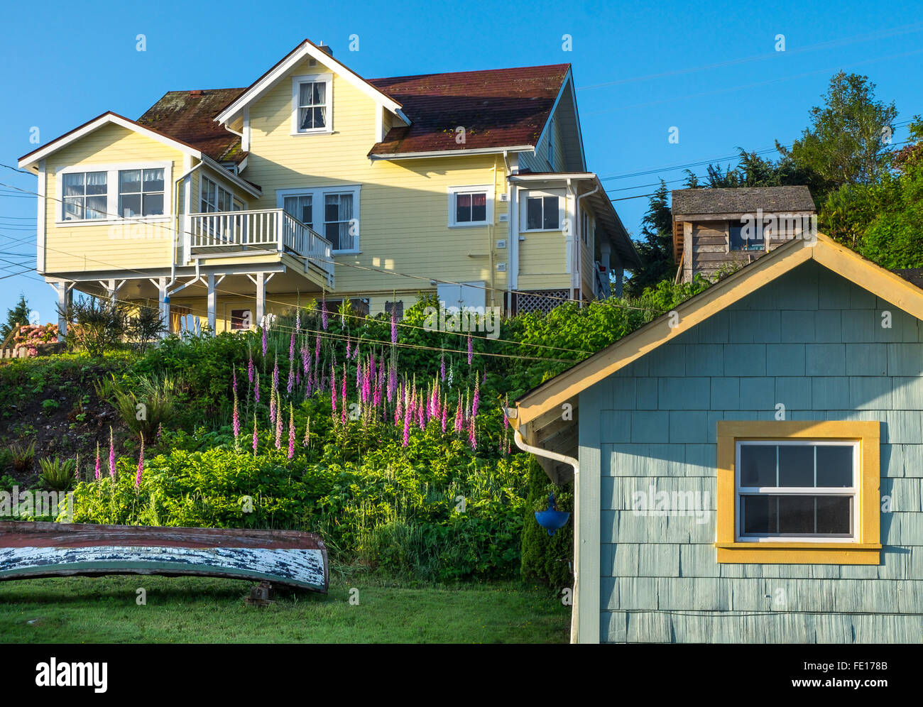 Tofino, Colombie-Britannique : Tofino Harbour maisons sur l'île de Vancouver, Canada Banque D'Images