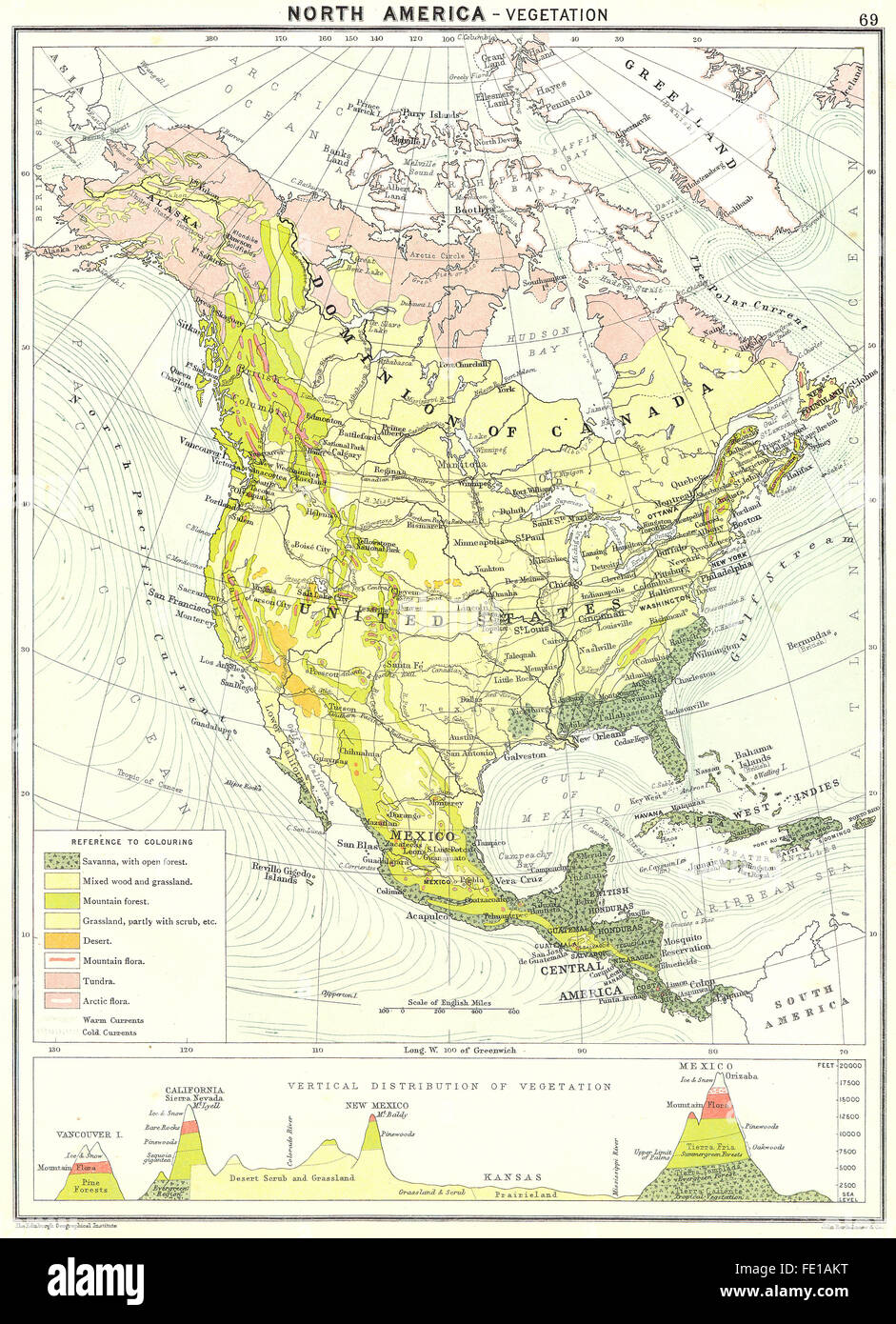 Amérique du Nord : la végétation, 1900 carte antique Banque D'Images