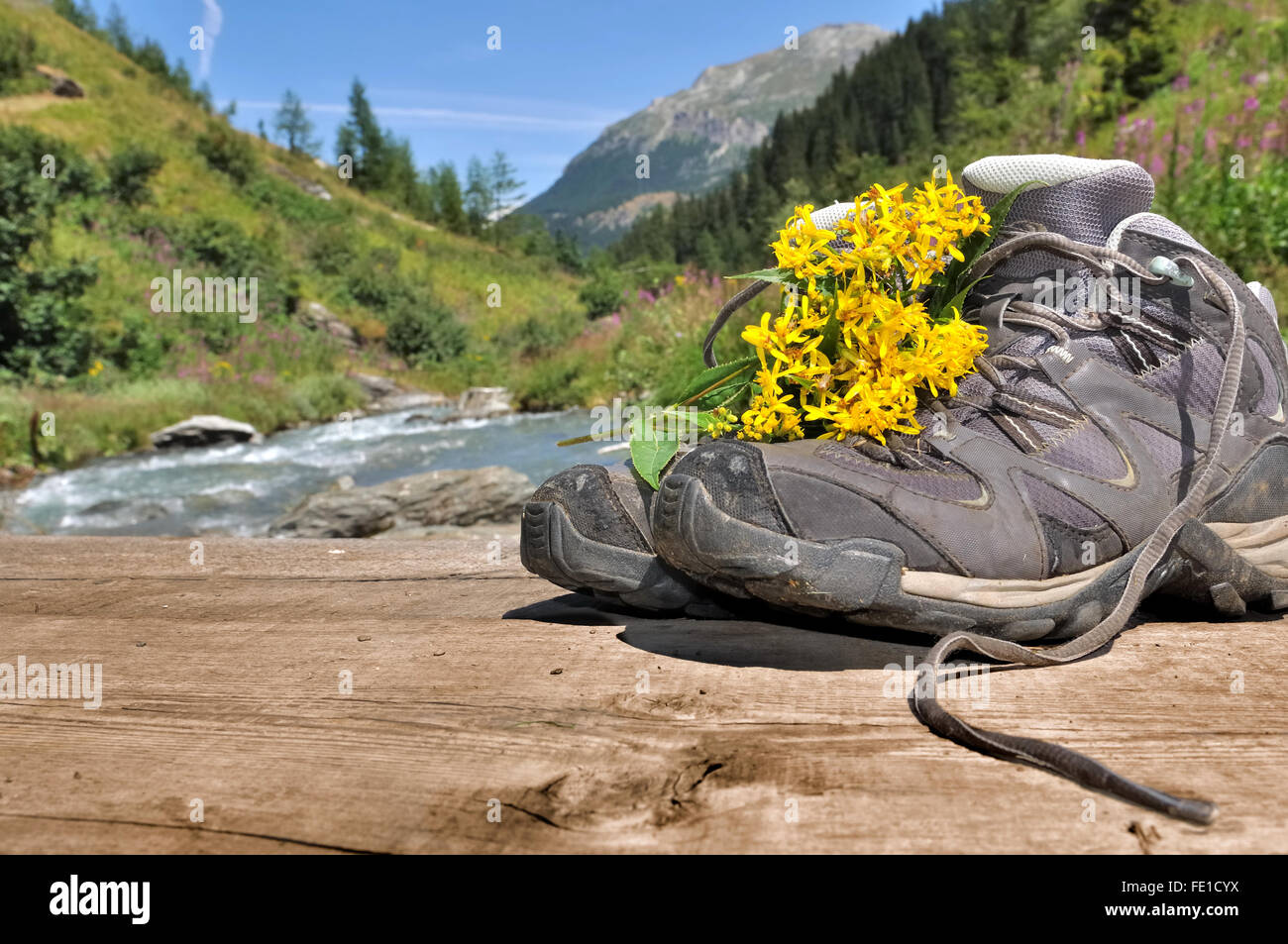 Des chaussures de randonnée avec des fleurs sur un pont traversant la rivière de montagne Banque D'Images