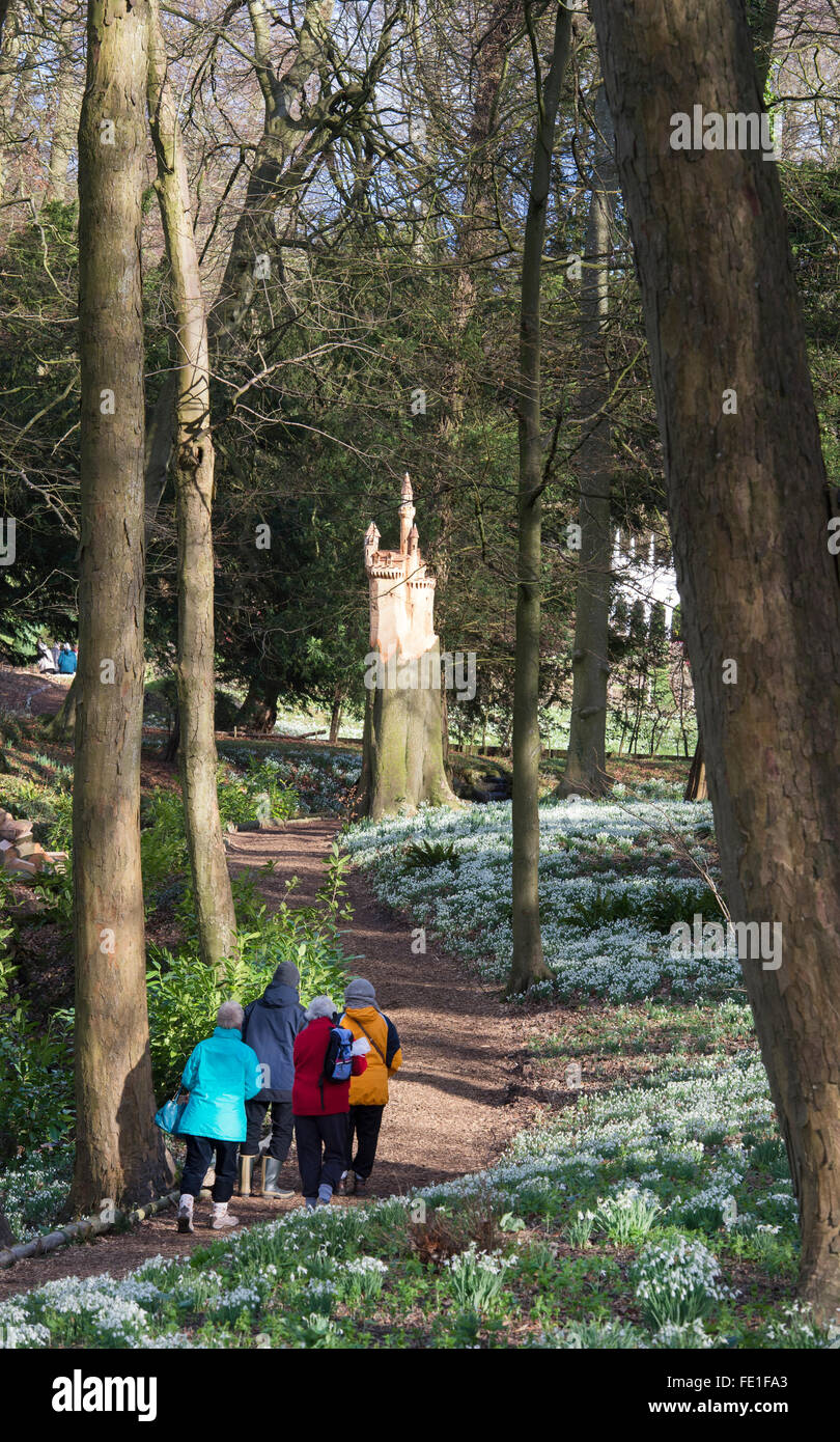 Arbre généalogique château sculpture et perce-neige à painswick rococo gardens. Cotswolds, Gloucestershire, Royaume-Uni Banque D'Images