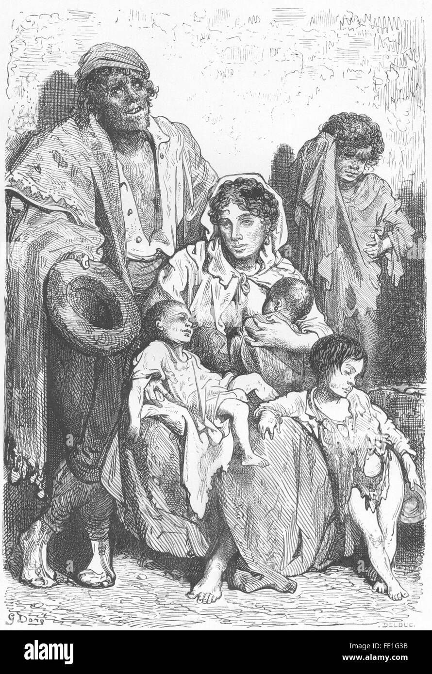 Espagne : une famille de mendiants, antique print 1881 Banque D'Images