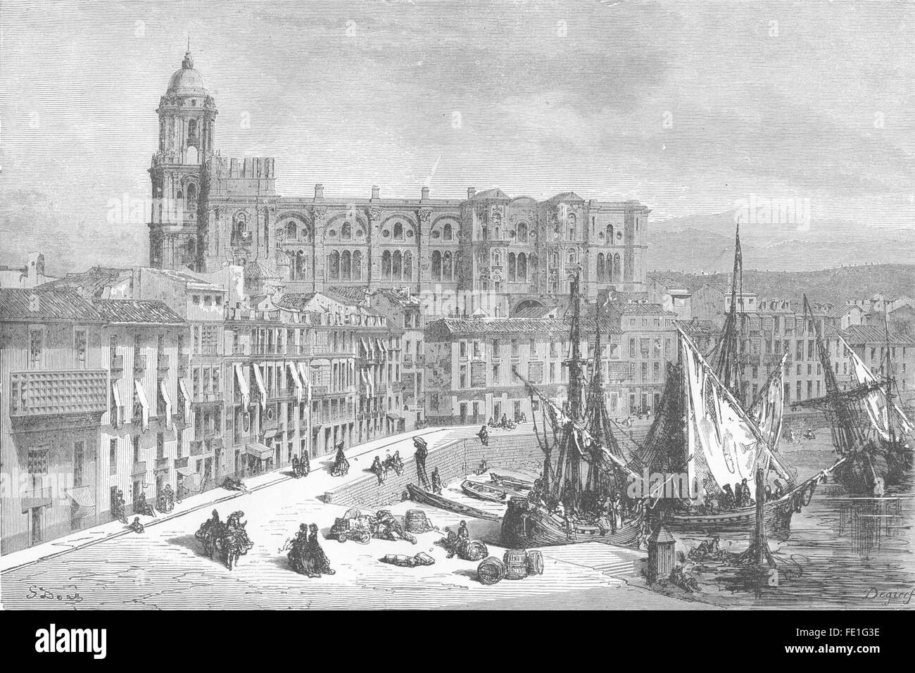 Espagne : la cathédrale et le port de Malaga, antique print 1881 Banque D'Images