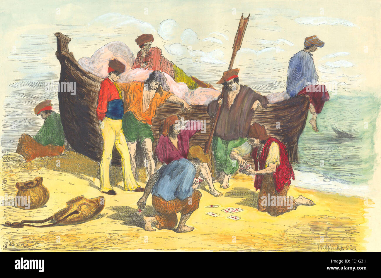Espagne : Charranes et Marineros sur la plage, antique print 1881 Banque D'Images