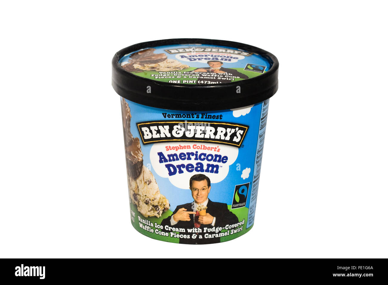 Cut Out. Une pinte de Ben & Jerry's 'Stephen Colbert's Americone Dream' Ice Cream isolé sur fond blanc Banque D'Images