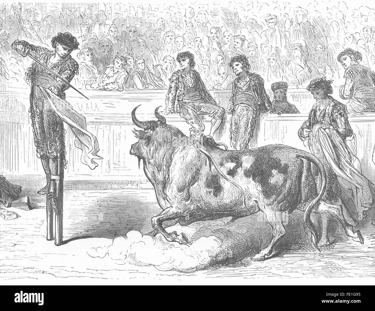 Espagne : Miguel Lopez Gorrito, échasses, tuant bull, Séville, Plaza imprimer 1881 Banque D'Images