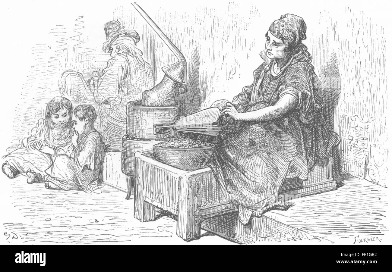 Espagne : châtaignes grillées, antique print 1881 Banque D'Images