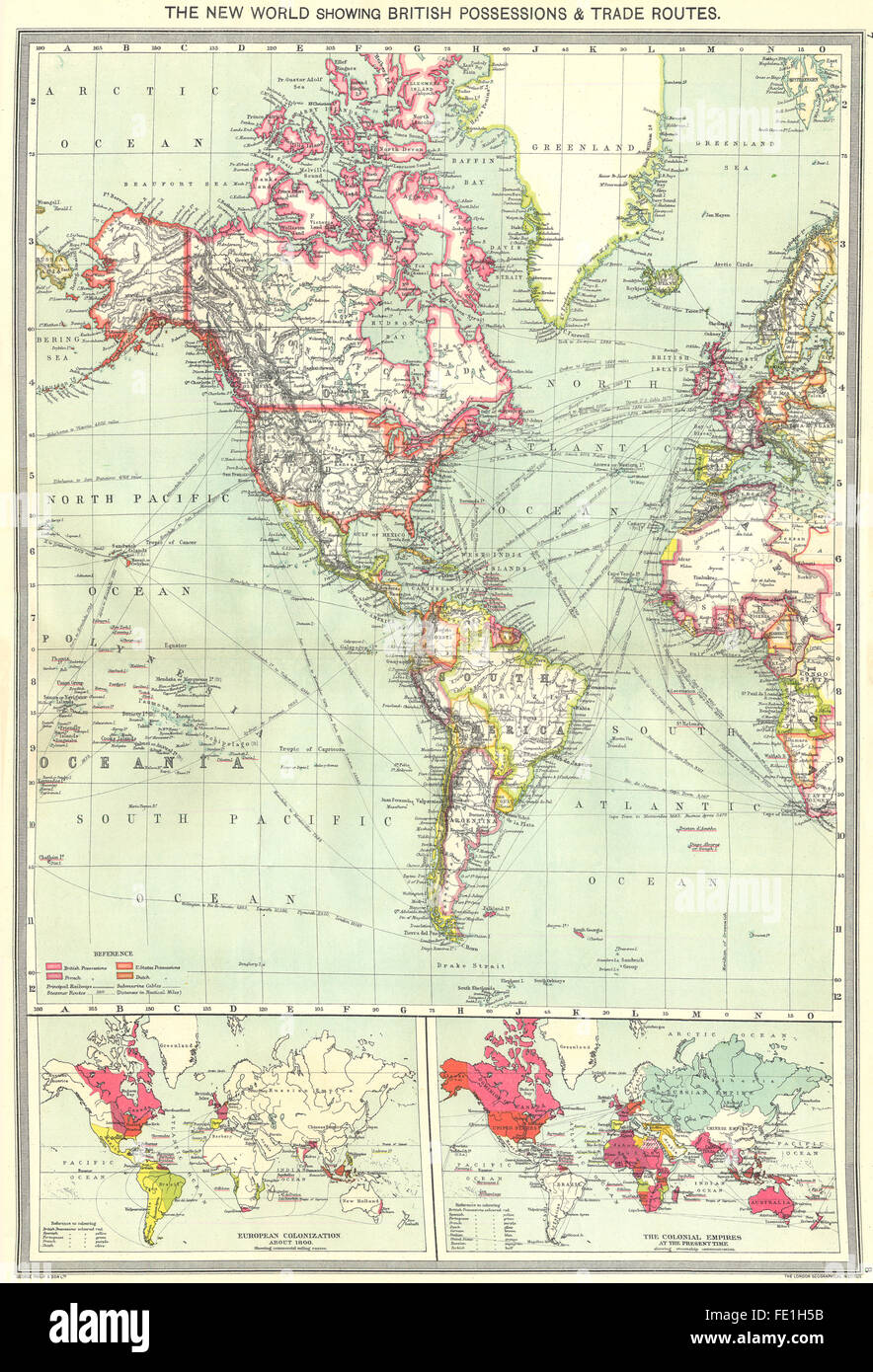 Amériques : colonies britanniques routes commerciales ; la colonisation européenne, 1907 Ancien site Banque D'Images