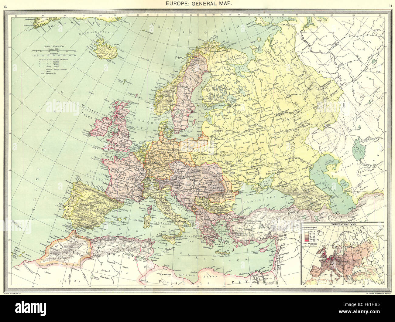 EUROPE : : Carte générale ; carte grande échelle de carte de population, 1907 Banque D'Images