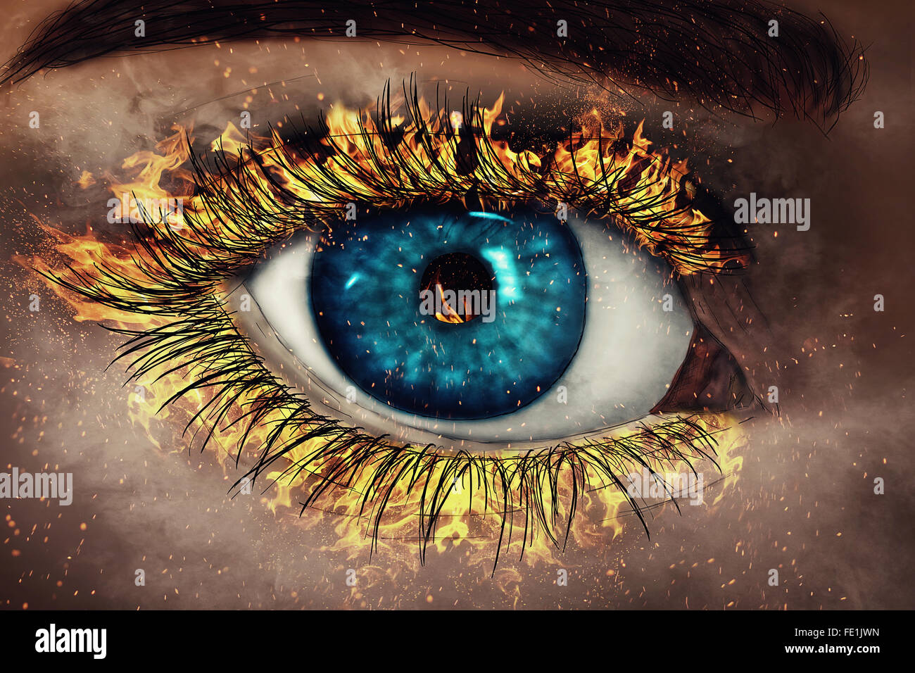 Illustration d'un œil peint avec ses gènes en flammes Banque D'Images