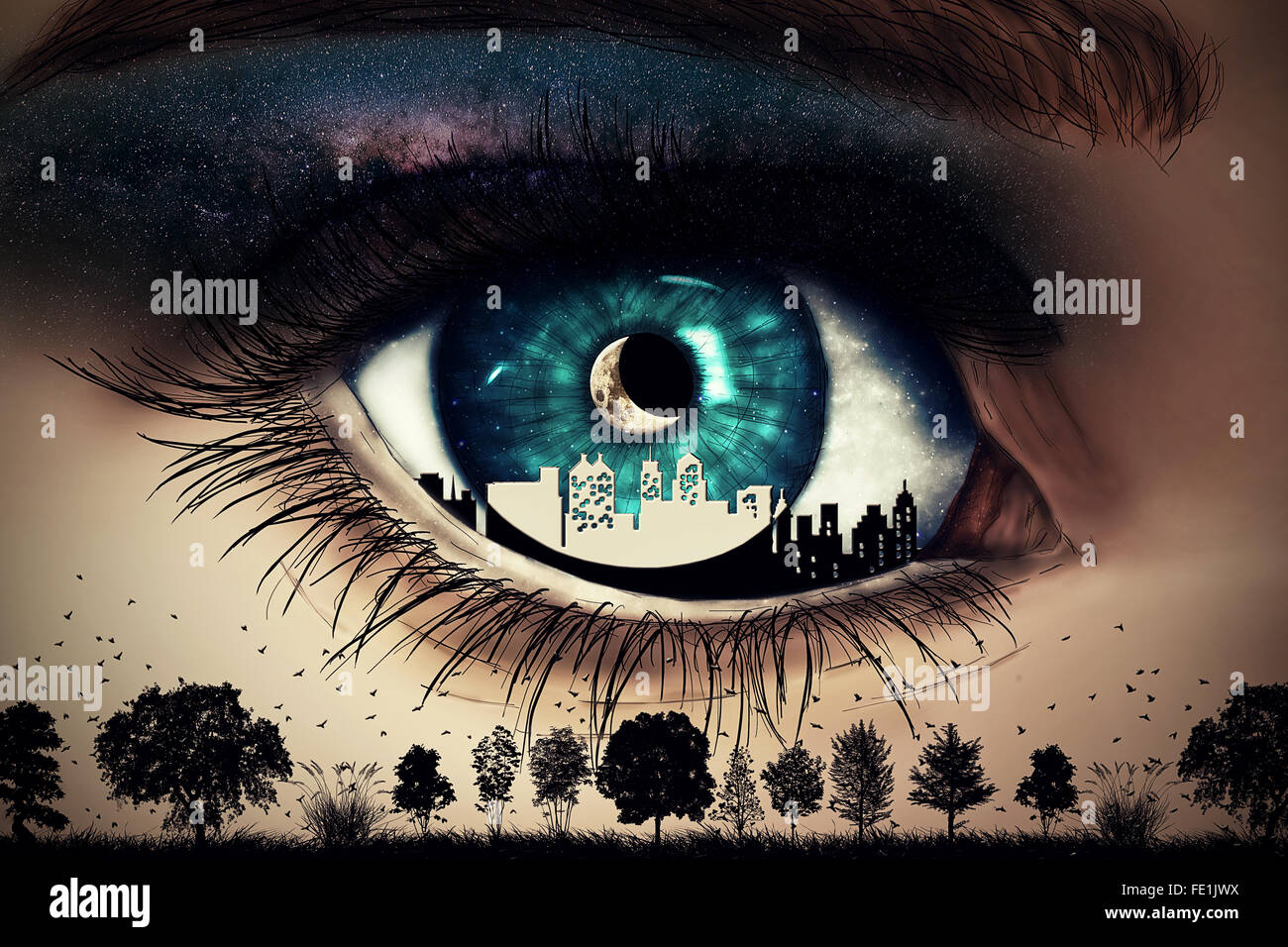 Illustration d'une femme bleue, peint avec un œil à l'intérieur de la ville à la nature sauvage à avec des arbres et des oiseaux qui volent au-dessous d'un ciel étoilé n Banque D'Images