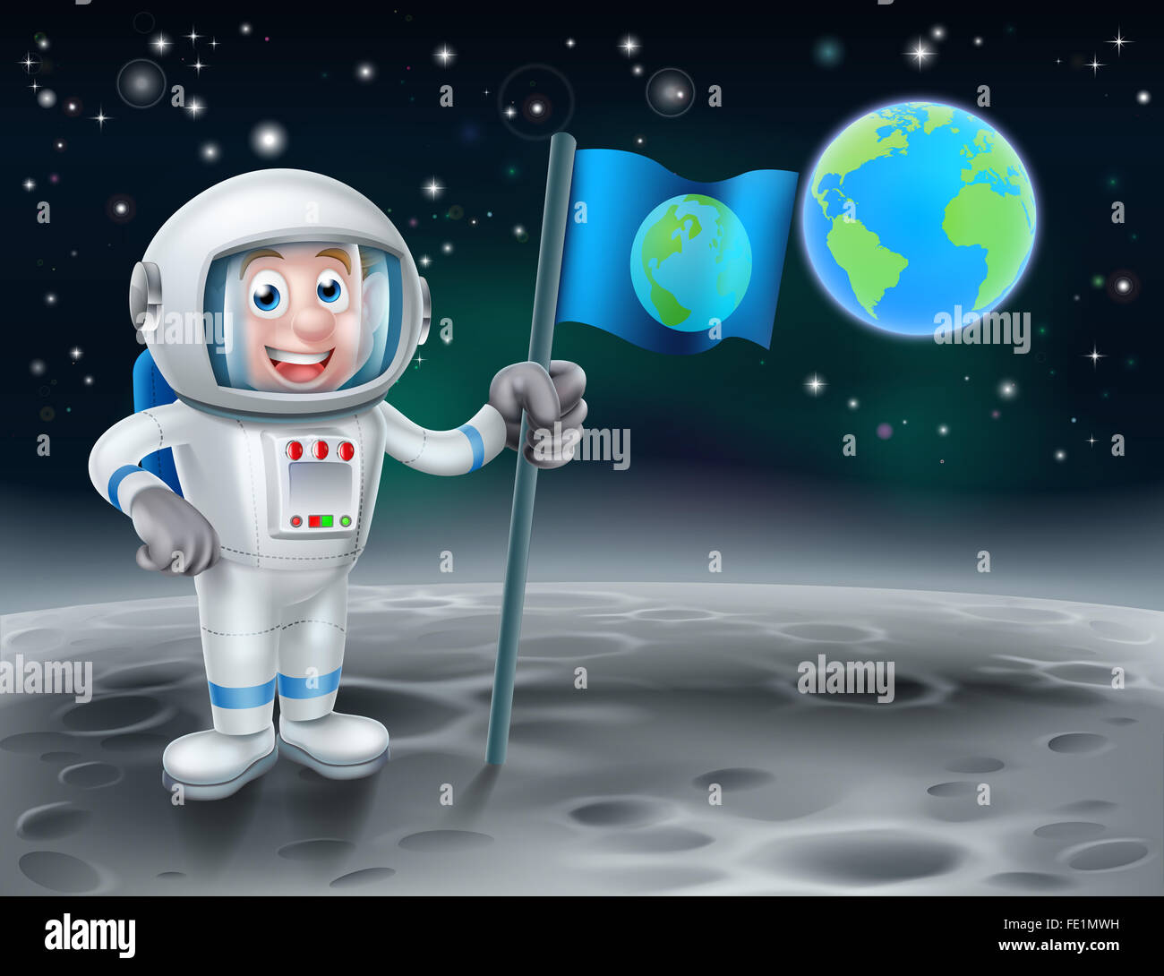 Une illustration d'un astronaute cartoon holding un drapeau sur la lune avec la terre la planète terre dans l'arrière-plan Banque D'Images