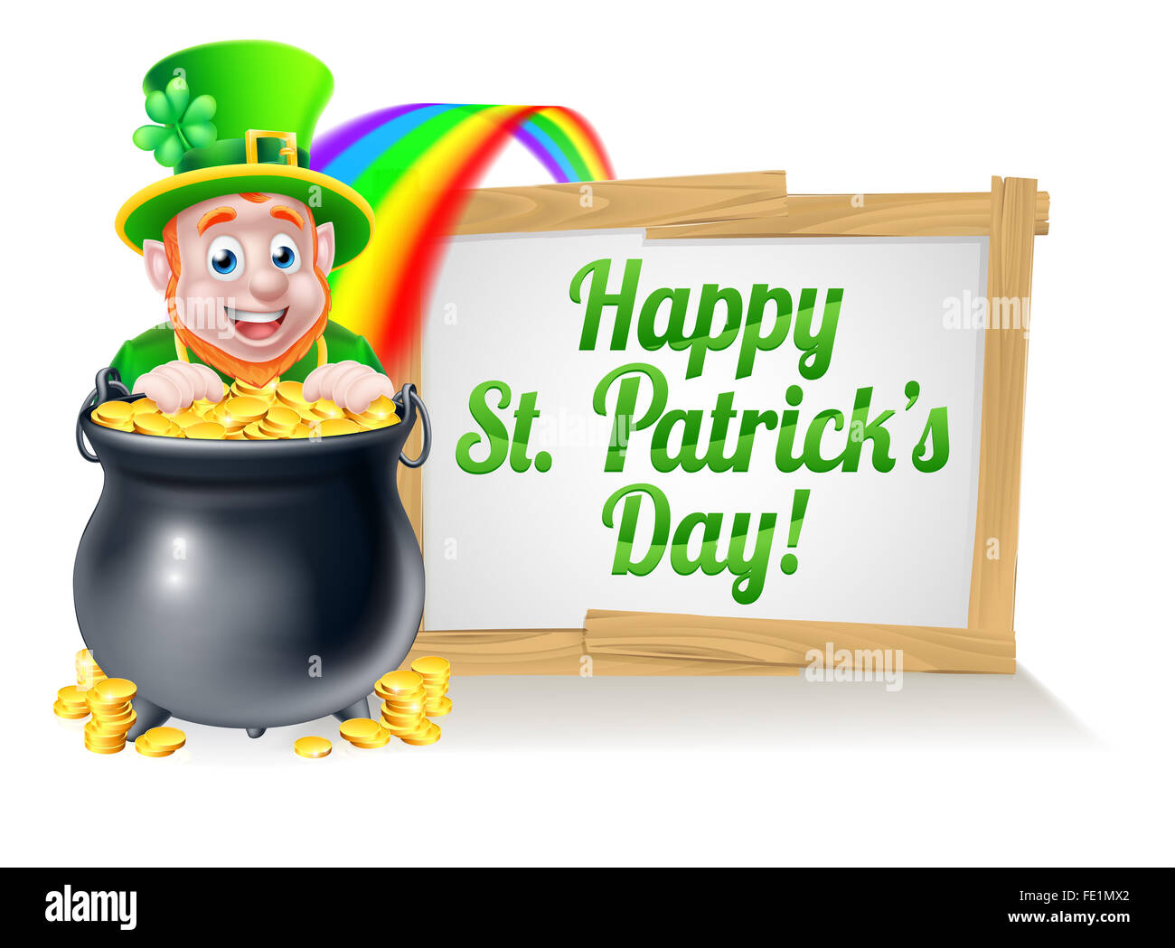 Leprechaun St Patricks Day cartoon character peeking sur un pot d'or à la fin de l'arc en ciel avec un St Patricks Day sign Banque D'Images