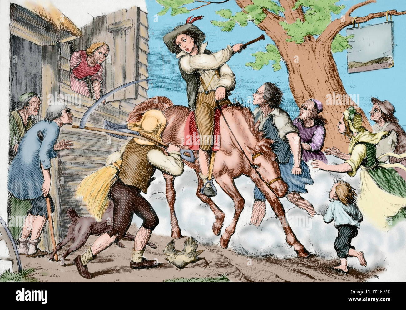 Guerre d'Indépendance américaine (1775-1783). Les citoyens de New York recevoir des nouvelles sur les événements de la bataille de Lexington et Concord (avril, 1775), les premiers affrontements militaires entre les forces américaines et britanniques. La gravure. De couleur. Banque D'Images