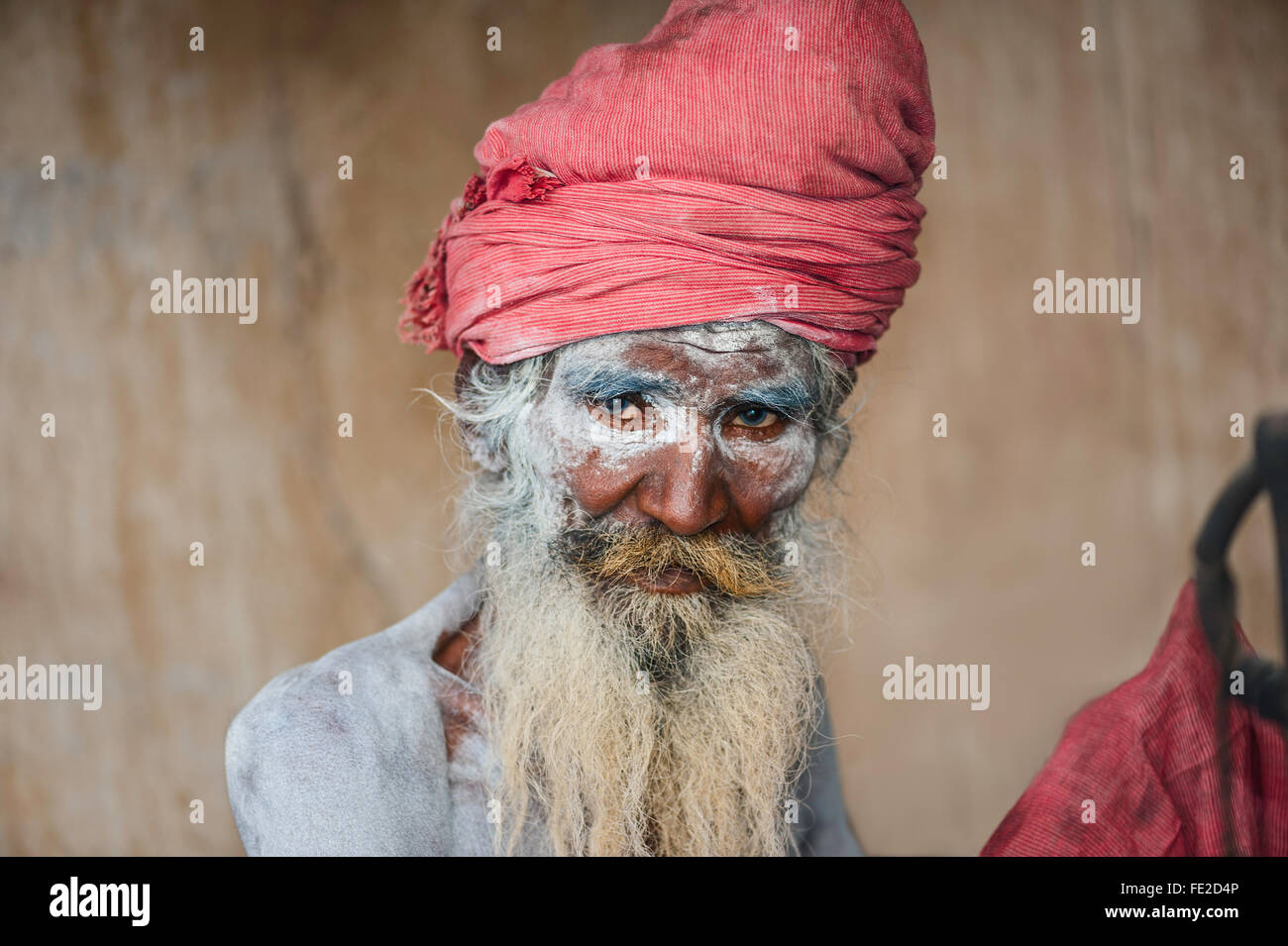Portrait d'un naga sadhu, un homme religieux hindou, en pèlerinage à la ville sainte de Pushkar au Rajasthan, Inde. Banque D'Images