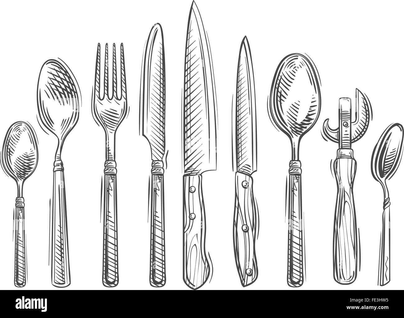 La cuisson. À la main Ensemble de cuisine - cuillère, fourchette, couteau, décapsuleur, c. à thé Illustration de Vecteur