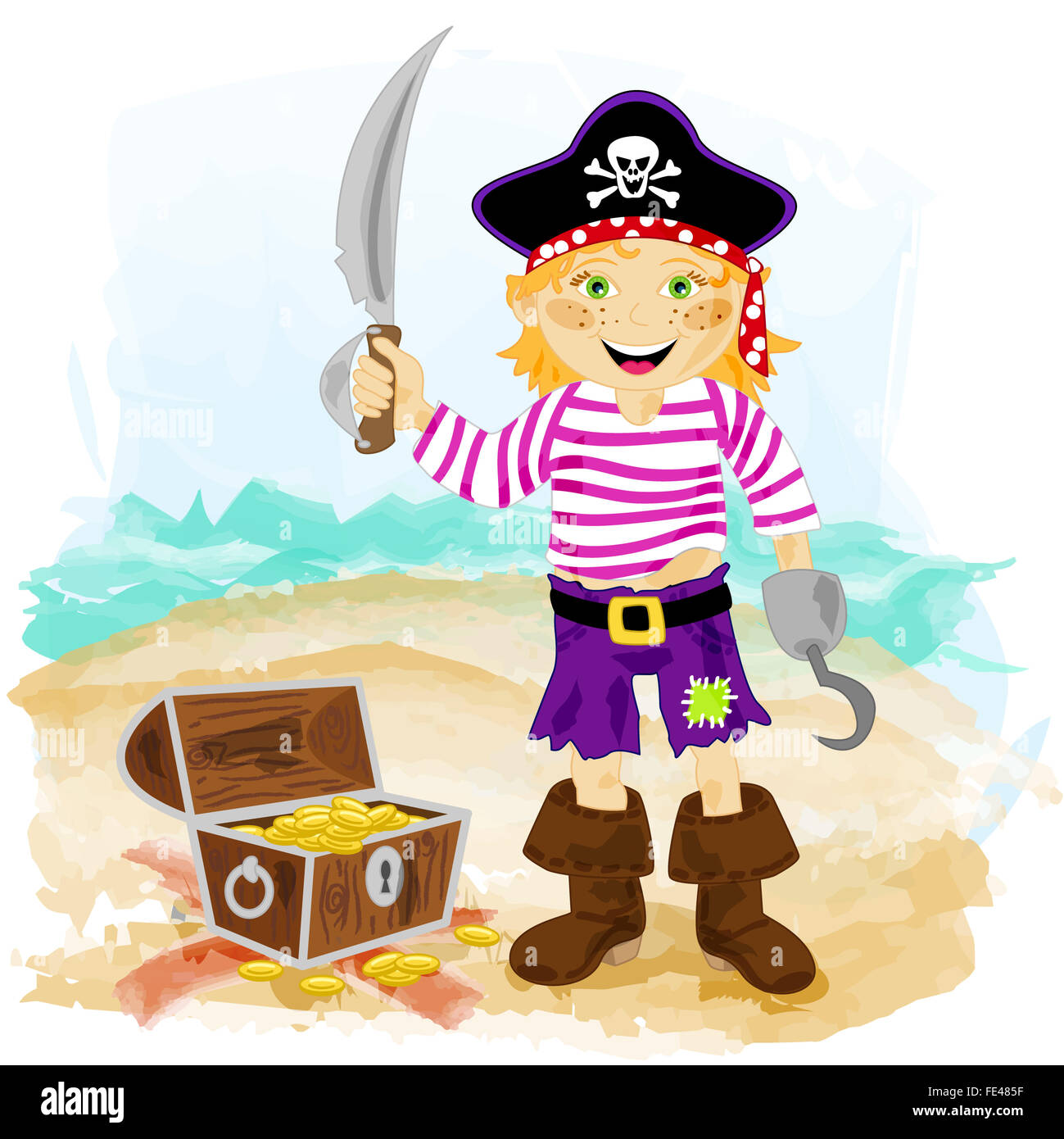 Cute cartoon girl caractère pirate avec crochet, épée et coffre à trésor Banque D'Images