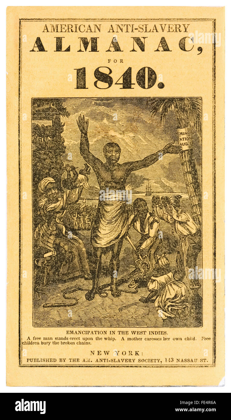 Capot avant de 'American Anti-Slavery almanach pour 1840" publié par l'American Anti-Slavery Society doté d''une impression gravure sur bois d'esclaves célébrant leur émancipation dans les Antilles après l'adoption de la Loi sur l'abolition de l'esclavage de 1833 qui interdit l'esclavage dans tout l'Empire britannique. Voir la description pour plus d'informations. Banque D'Images Capot avant de 'American Anti-Slavery almanach pour 1840" publié par l'American Anti-Slavery Society doté d''une impression gravure sur bois d'esclaves célébrant leur émancipation dans les Antilles après l'adoption de la Loi sur l'abolition de l'esclavage de 1833 qui interdit l'esclavage dans tout l'Empire britannique. Voir la description pour plus d'informations. Banque D'Images