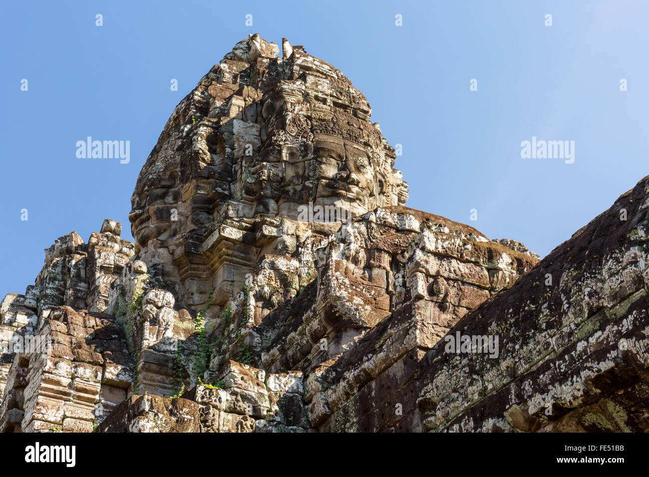 Face Pierre tour de temple Bayon à Angkor Thom, Siem Reap, Cambodge Banque D'Images