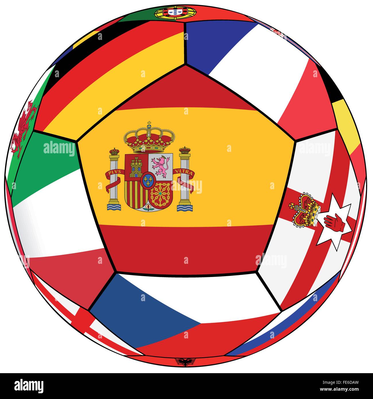 Ballon de soccer sur un fond blanc avec des drapeaux des pays européens - Pavillon de l'Espagne dans le centre Illustration de Vecteur