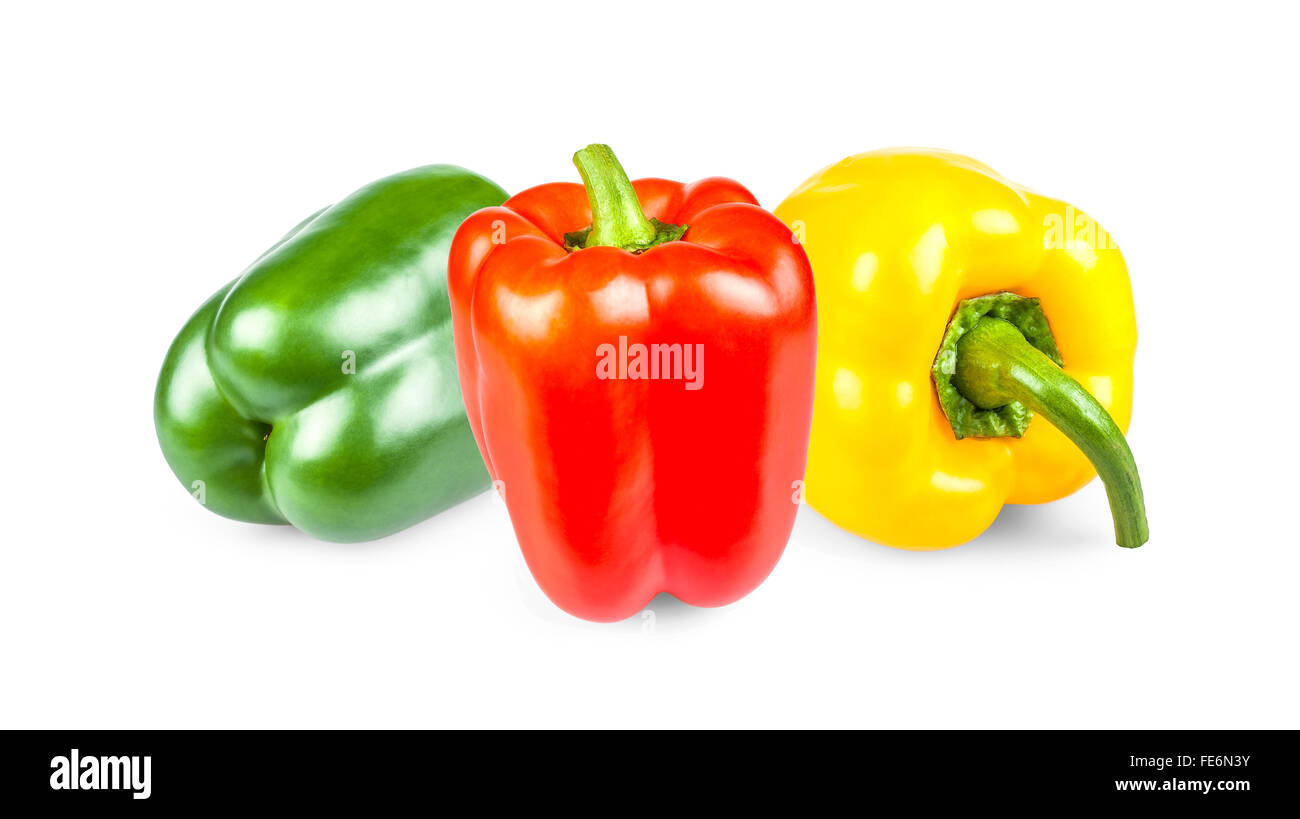 Vert, poivrons rouge et jaune, isolated on white Banque D'Images