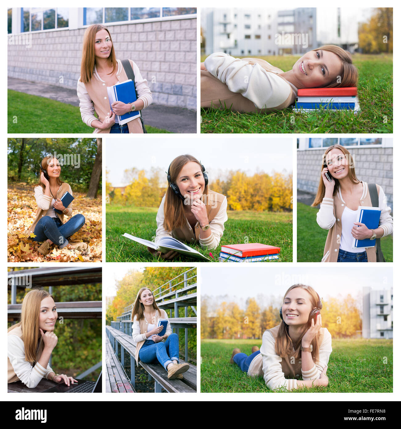 Photo Collage comme élève passe du temps au campus à l'automne. Livret pour de l'établissement d'enseignement et de l'école Banque D'Images