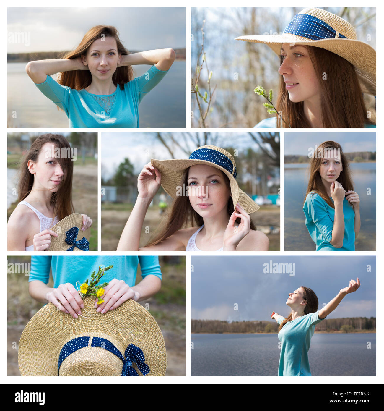 Collage Photo de happy girl in hat au lac par un jour de vent. Set pour livret sur Voyage et vacances Banque D'Images