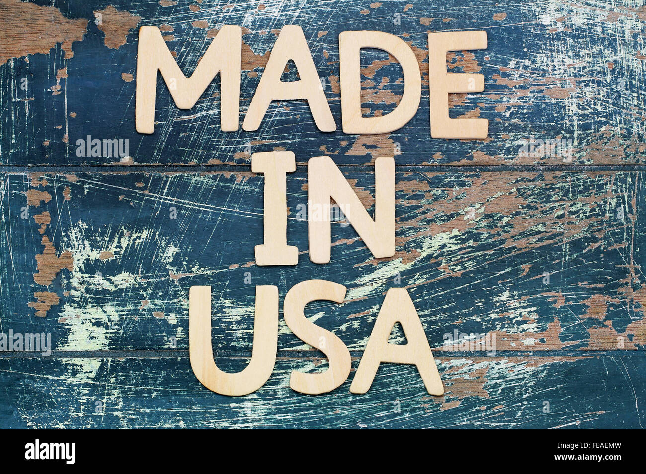 Made in USA écrit avec des lettres en bois surface rustique sur Banque D'Images