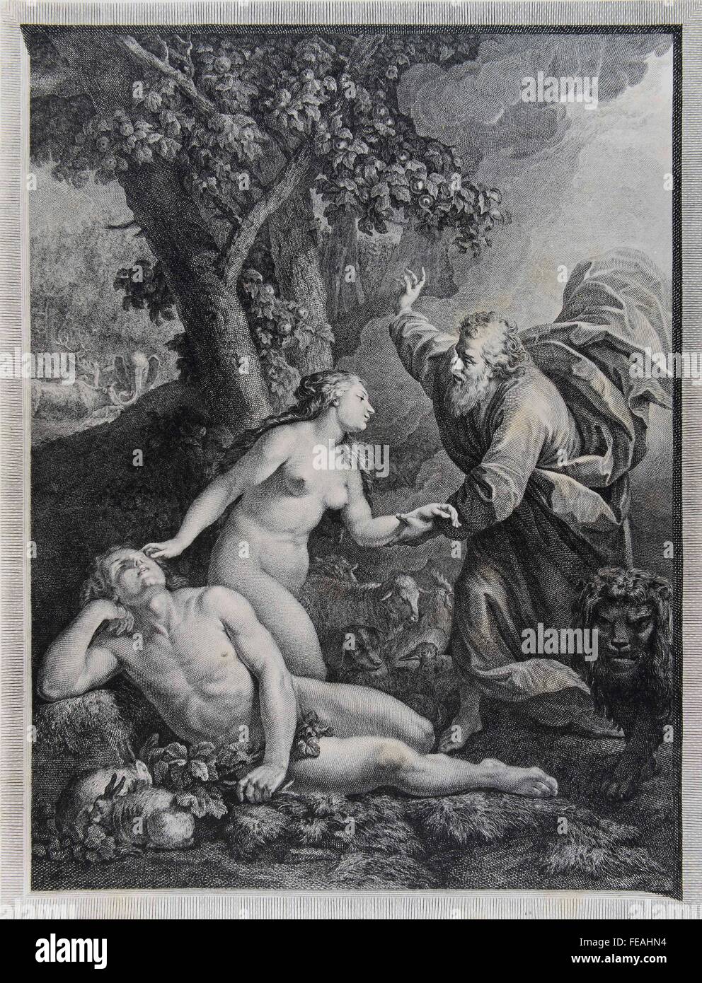 La création d'Ève, de Procaccini (ou Nuvolone), gravure par Hemery J. U. Banque D'Images