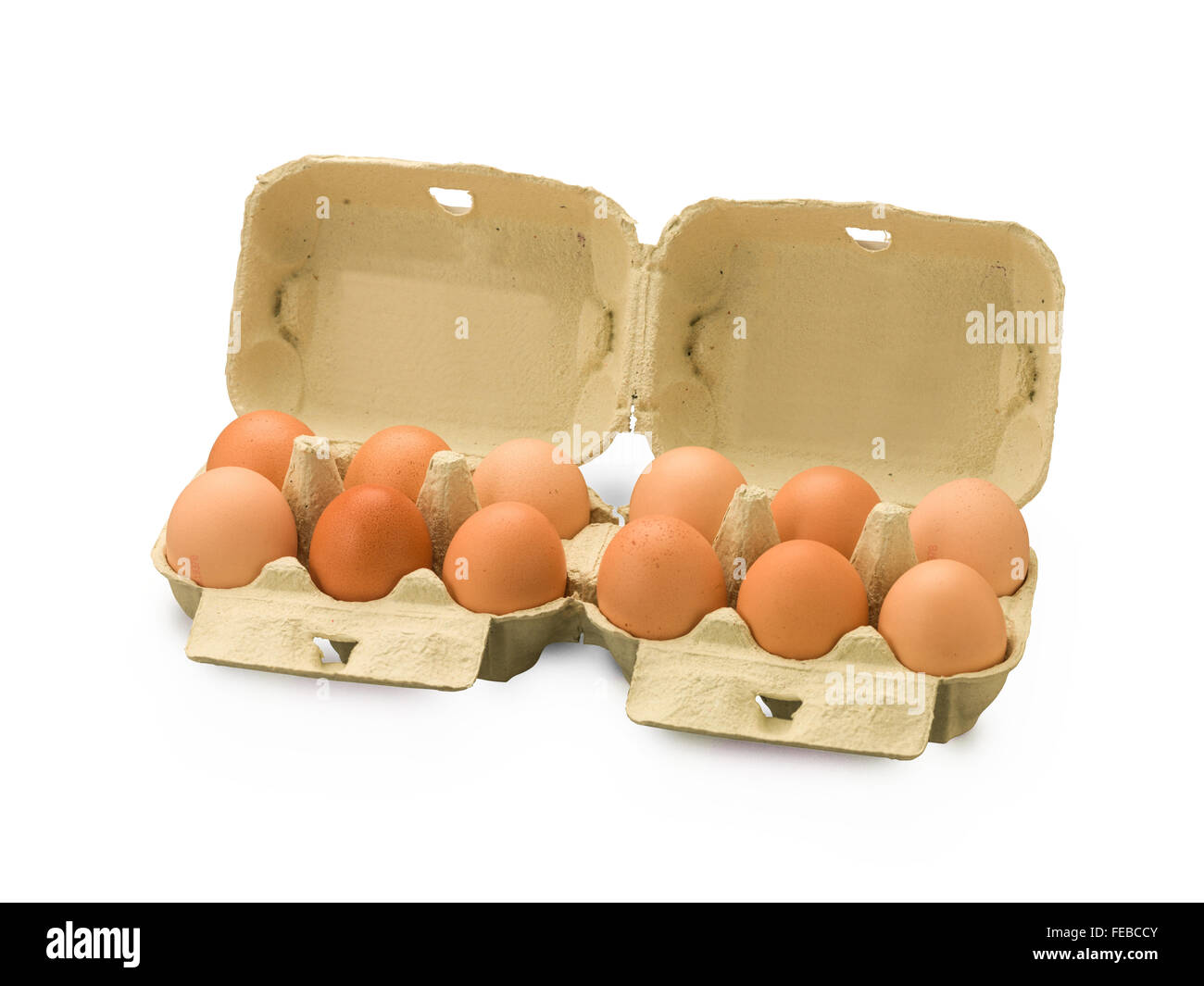 Boîte d'œufs biologiques avec une douzaine d'oeufs isolated on white Banque D'Images
