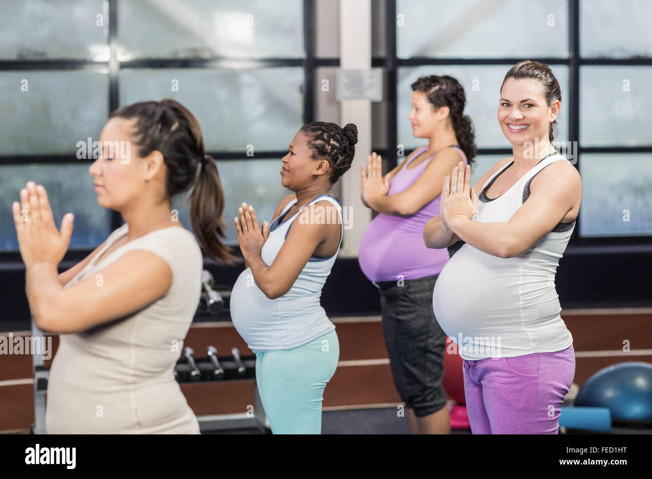 Les femmes enceintes faisant l'exercice de yoga Banque D'Images