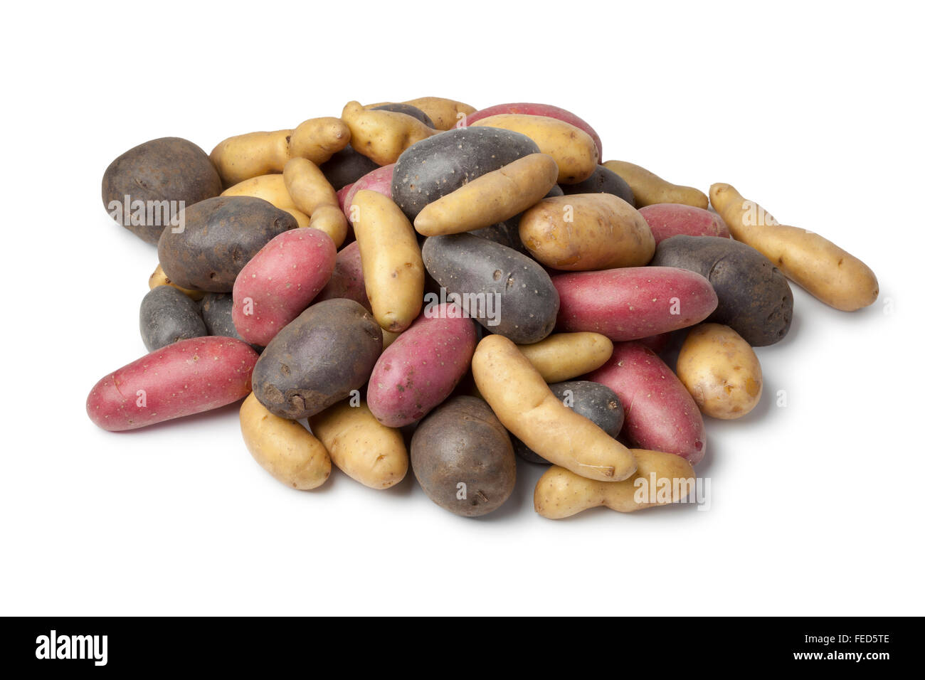 Variété de pommes de terre gourmandes d'héritage sur fond blanc Banque D'Images