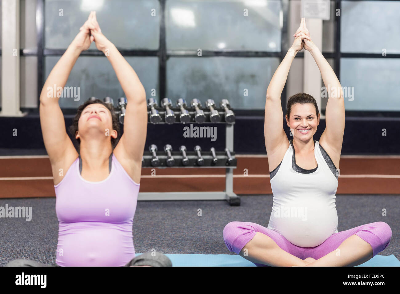 Les femmes enceintes faisant l'exercice de yoga Banque D'Images