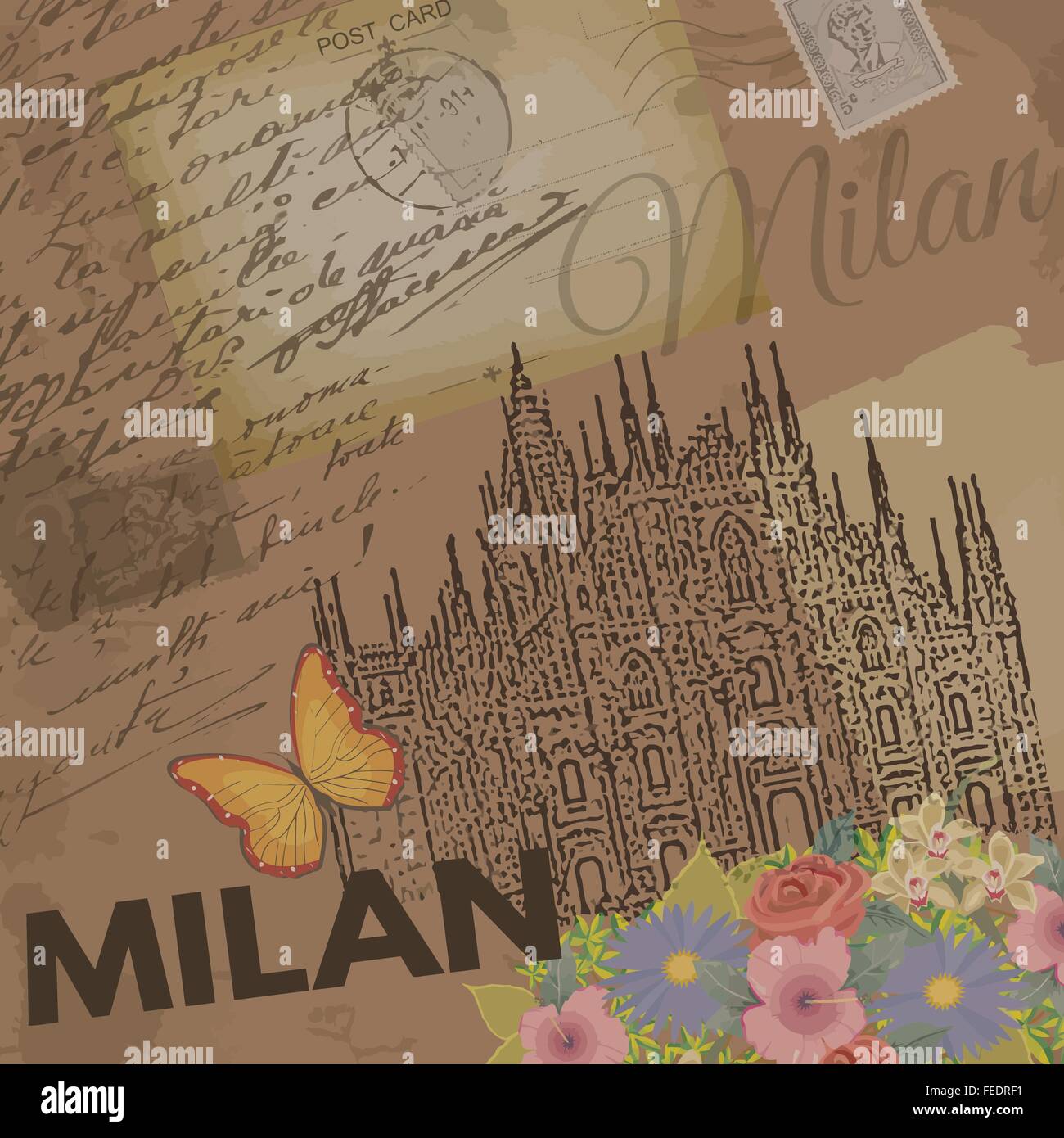 Milan affiche sur fond rétro nostalgique avec de vieilles cartes postales, lettres et cathédrale de Milan, vector illustration Illustration de Vecteur