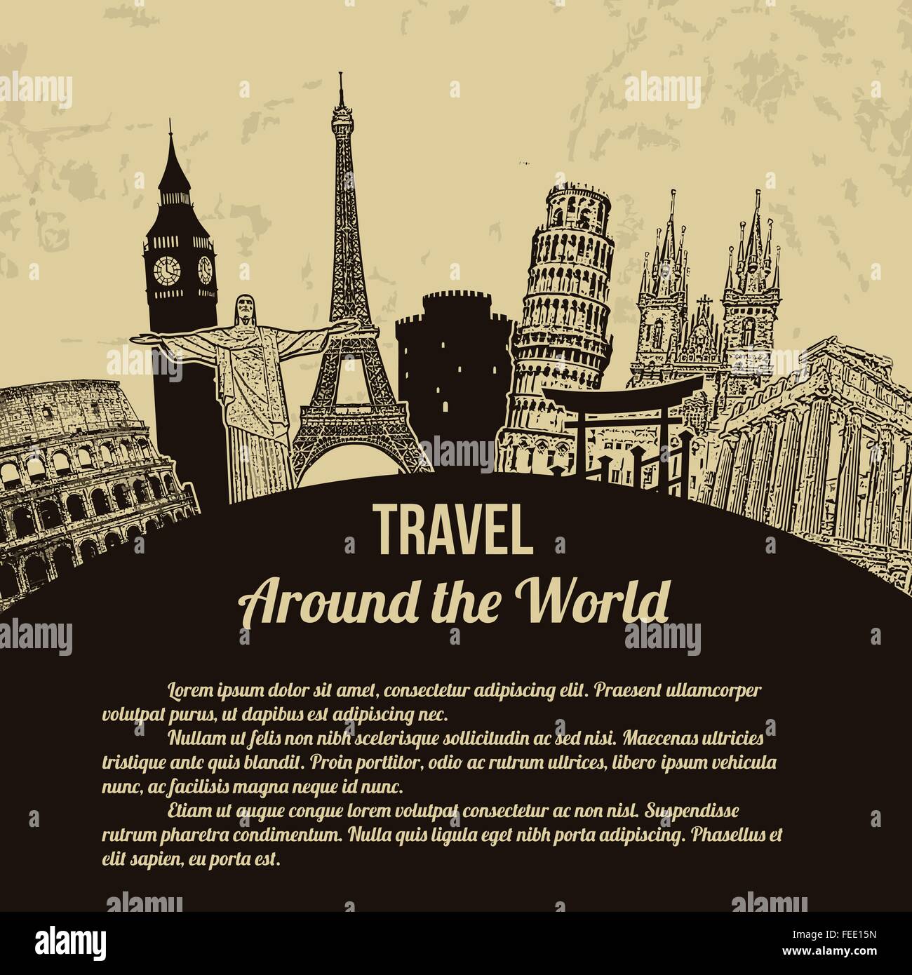 Voyage autour du monde, sur l'affiche touristique vintage style rétro arrière-plan avec l'espace pour votre texte, vector illustration Illustration de Vecteur