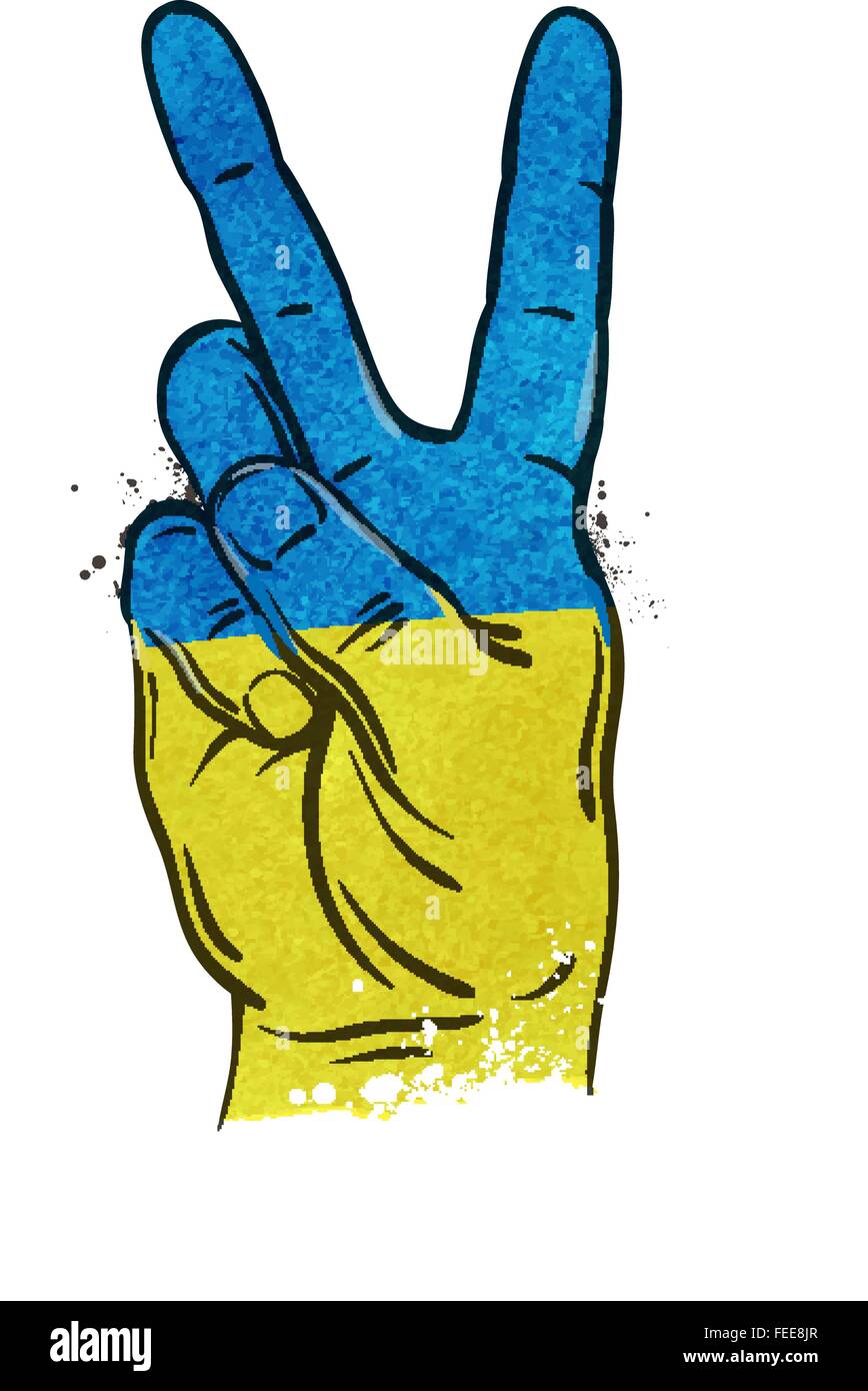 Geste de la main de victoire. d'un drapeau de l'Ukraine, Kiev. vector illustration Illustration de Vecteur