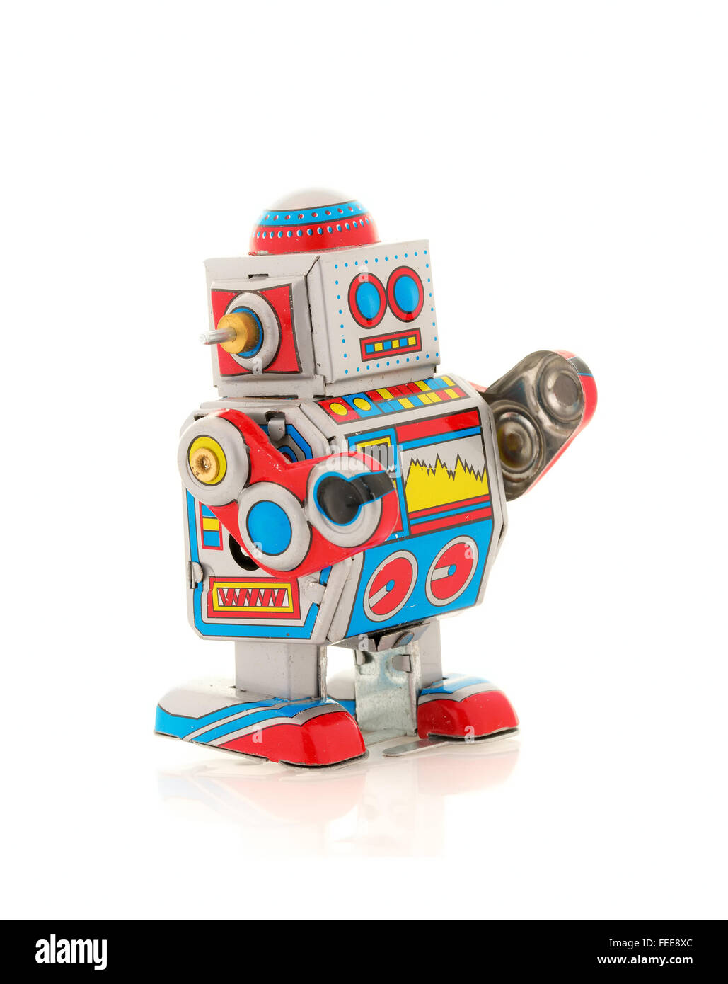 Clockwork Tin Retro Robot sur un fond blanc Banque D'Images