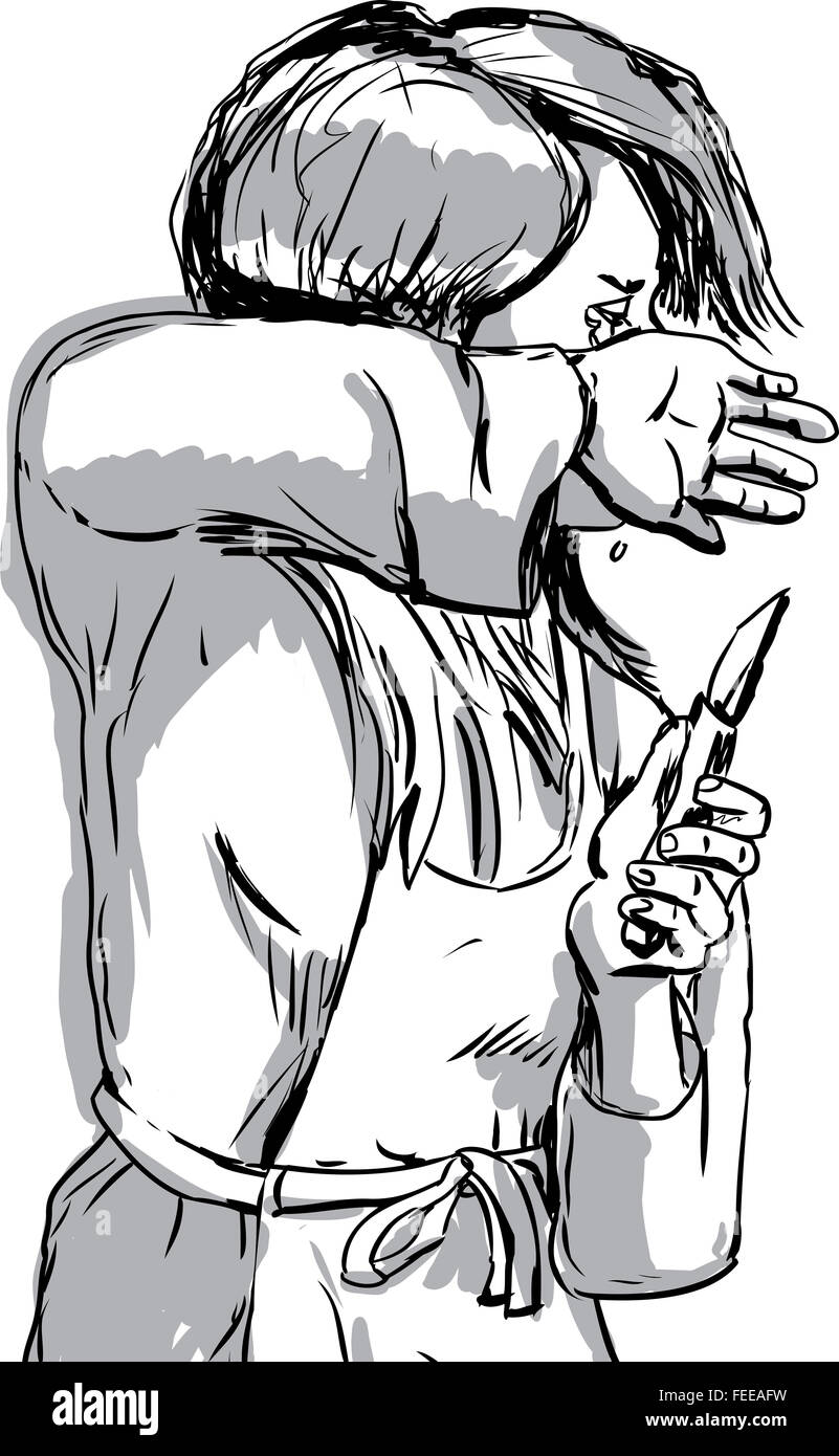 Croquis dessinés à la main, de pleurer seule femme en tablier et couteau en main Banque D'Images