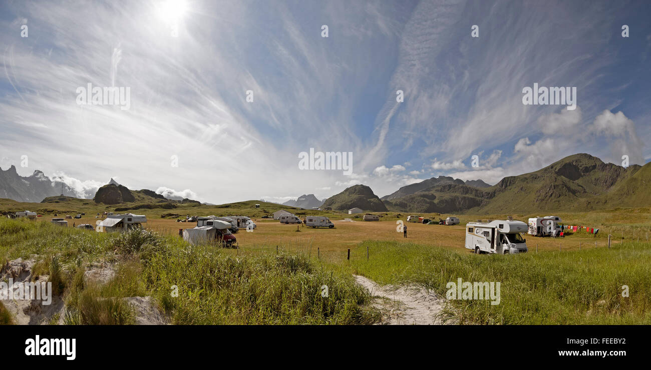 Camping à Fredvang, Moskenesoya, Flakstad, Lofoten, Nordland, Norvège Banque D'Images