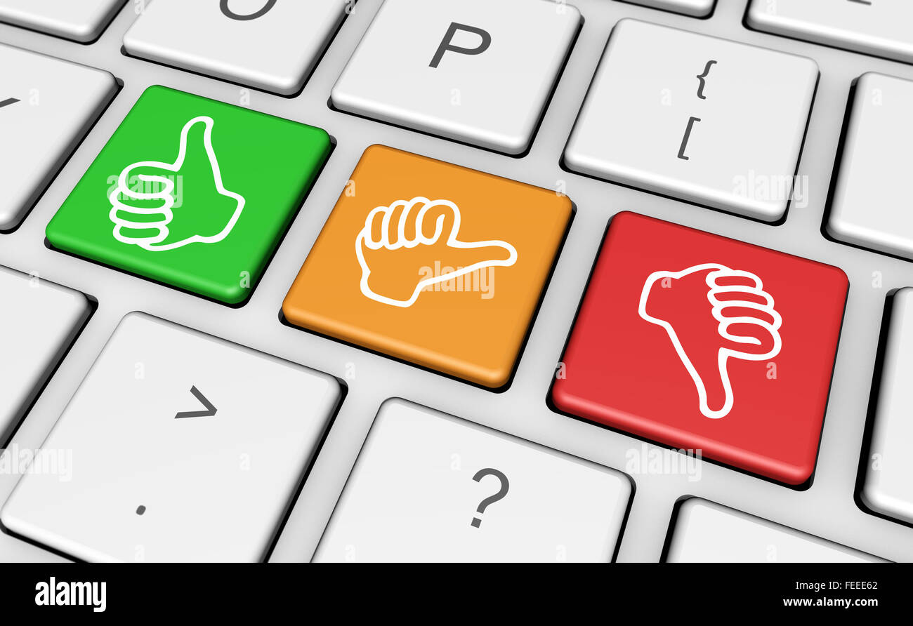 La qualité du service d'affaires, évaluation et commentaires des clients clés de l'enquête avec les mains thumb up symbole et icône de clavier d'ordinateur. Banque D'Images