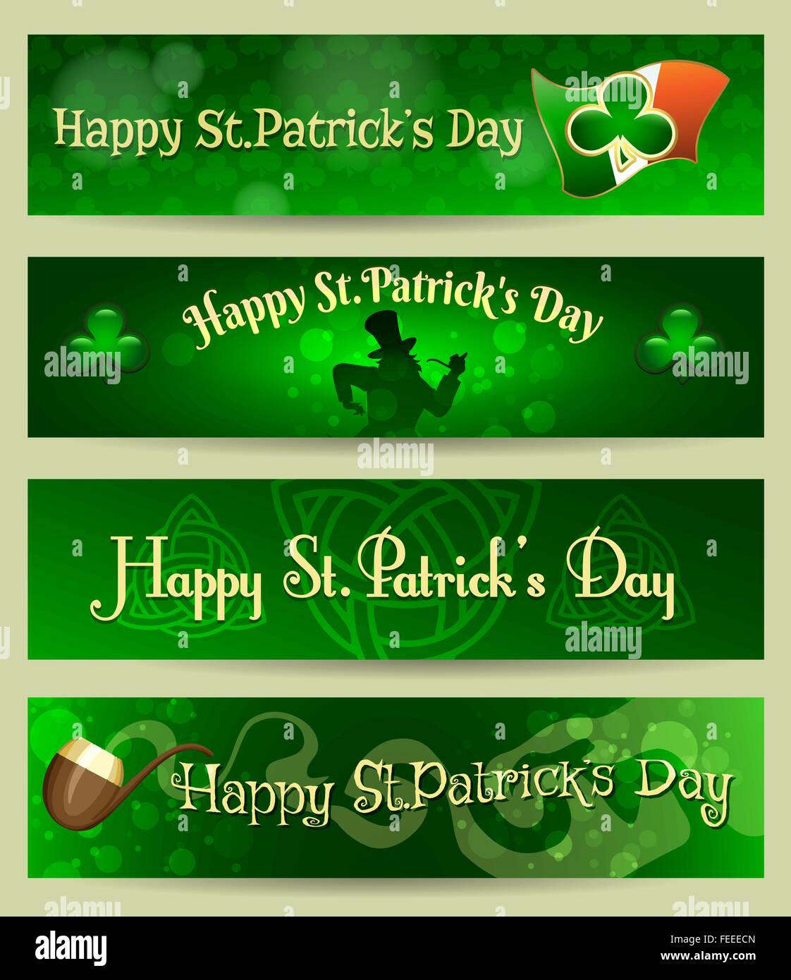 St.Patrick's Day jeu de bannières avec des symboles de vacances et le libellé bonne Saint-Patrice. Gratuitement police utilisée. Illustration de Vecteur