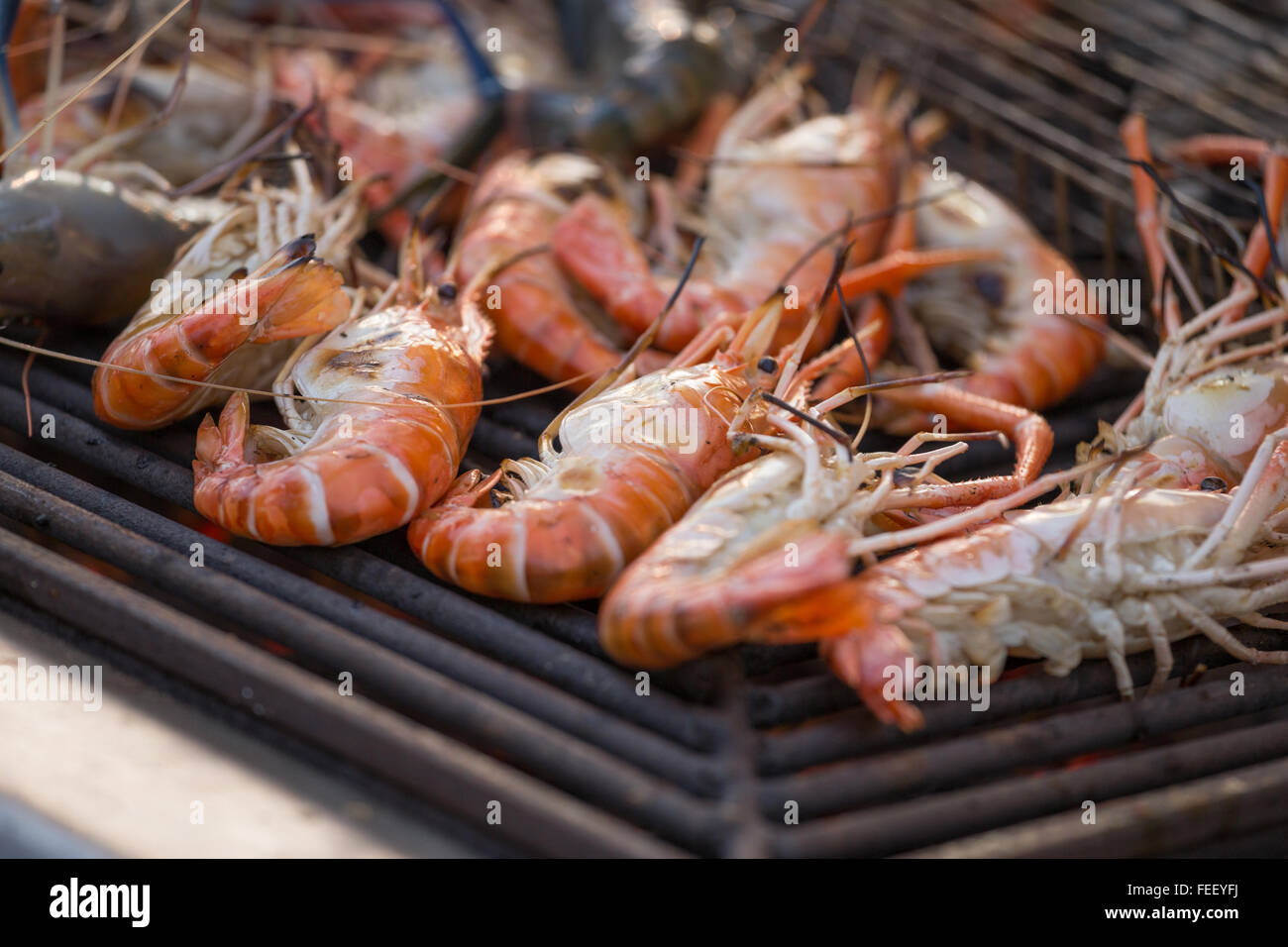 Crevettes roses grillées au barbecue de fruits de mer par le feu et flammes at market Banque D'Images