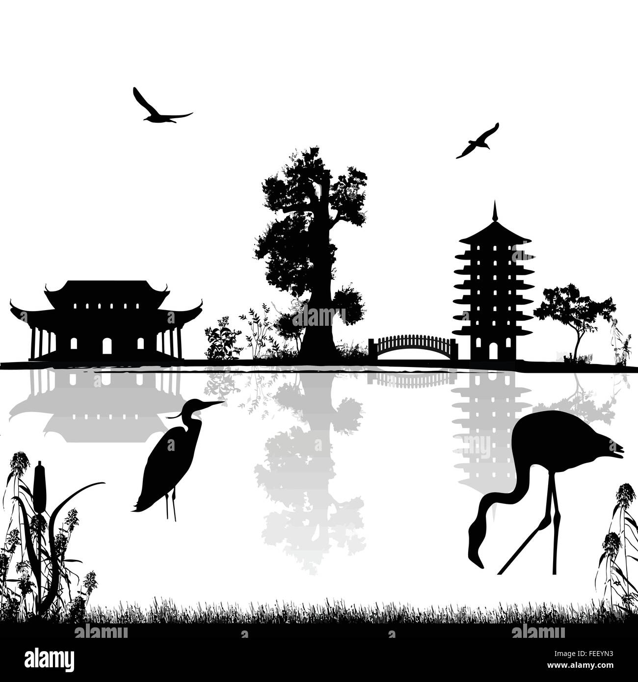 Belle asiatique paysage près de l'eau sur fond blanc Illustration de Vecteur