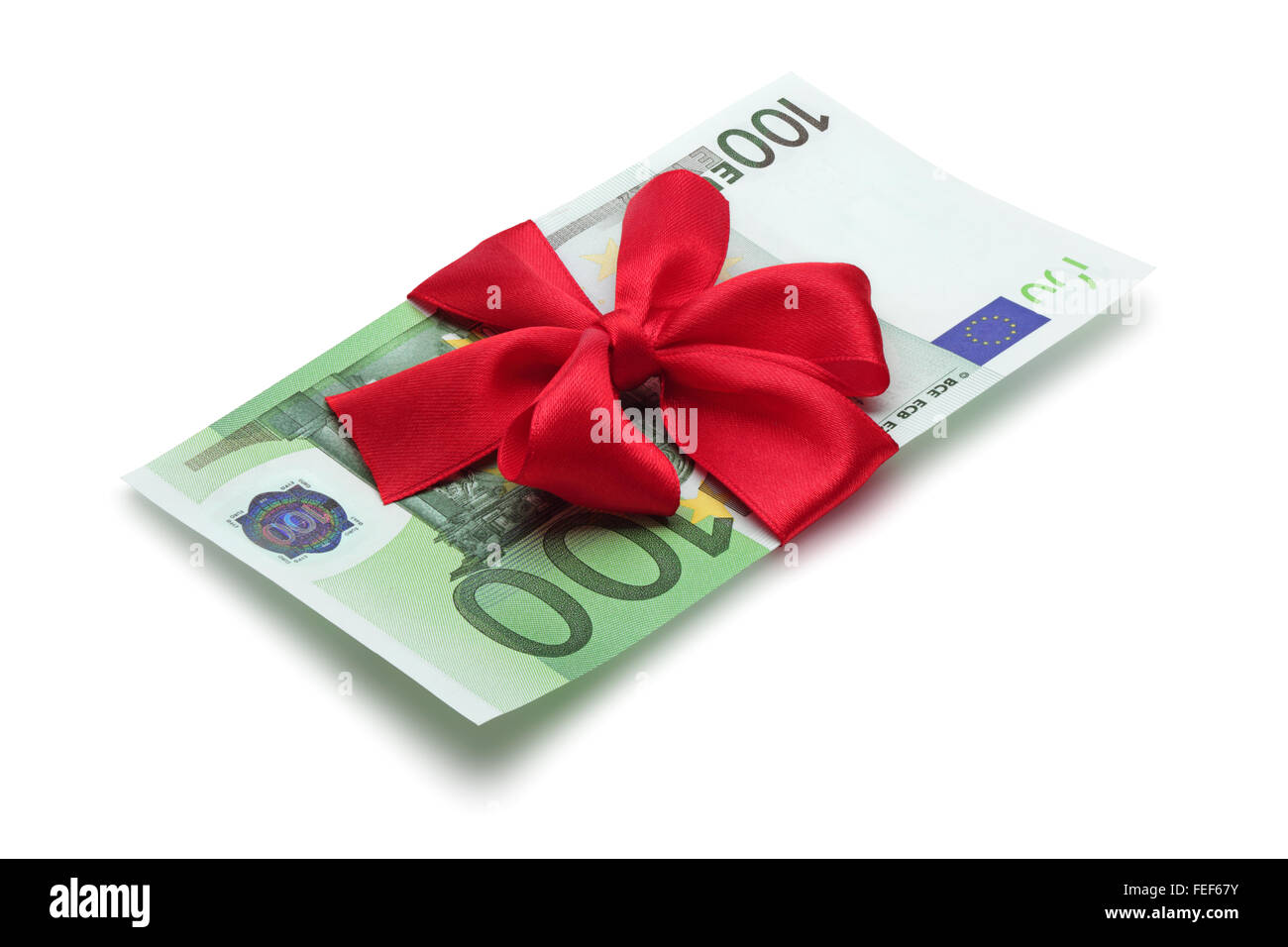 Une centaine d'euros avec red bow, isolé sur le fond blanc, chemin de détourage inclus. Banque D'Images