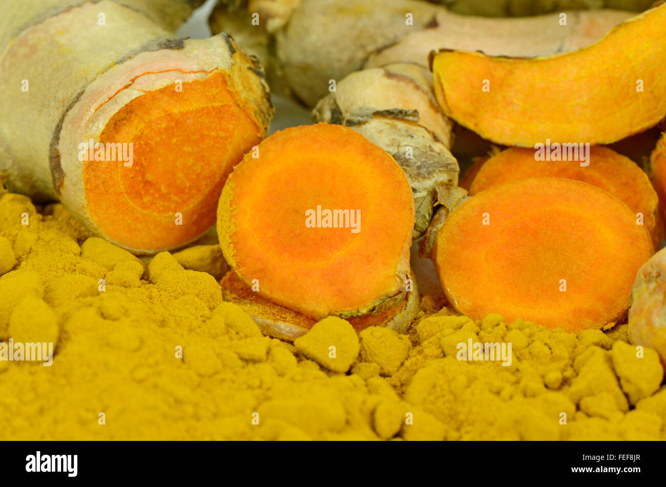 Le curcuma (Curcuma longa L.) racine et poudre de curcuma pour la médecine alternative, les produits spa et de l'ingrédient alimentaire. Banque D'Images