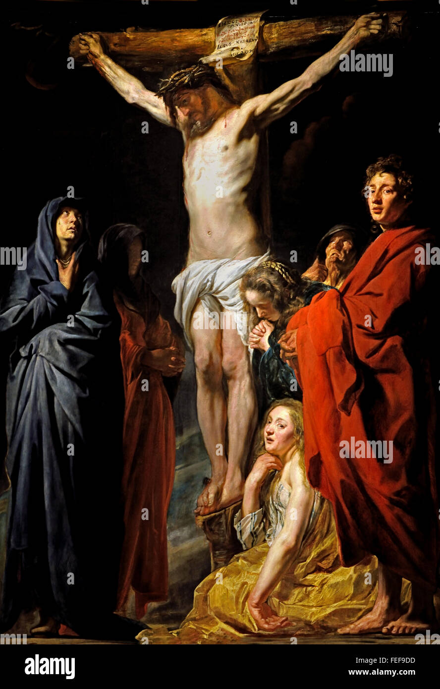 Le Christ sur la croix. Marie enveloppée dans un manteau bleu, avec une autre femme. Sur la droite, Jean le Baptiste dans un manteau rouge avec deux femmes en pleurs ; à ses pieds, genoux, Madeleine pleurer. Jacob Jordaens 1593-1678 Belgique belge flamande Banque D'Images Le Christ sur la croix. Marie enveloppée dans un manteau bleu, avec une autre femme. Sur la droite, Jean le Baptiste dans un manteau rouge avec deux femmes en pleurs ; à ses pieds, genoux, Madeleine pleurer. Jacob Jordaens 1593-1678 Belgique belge flamande Banque D'Images