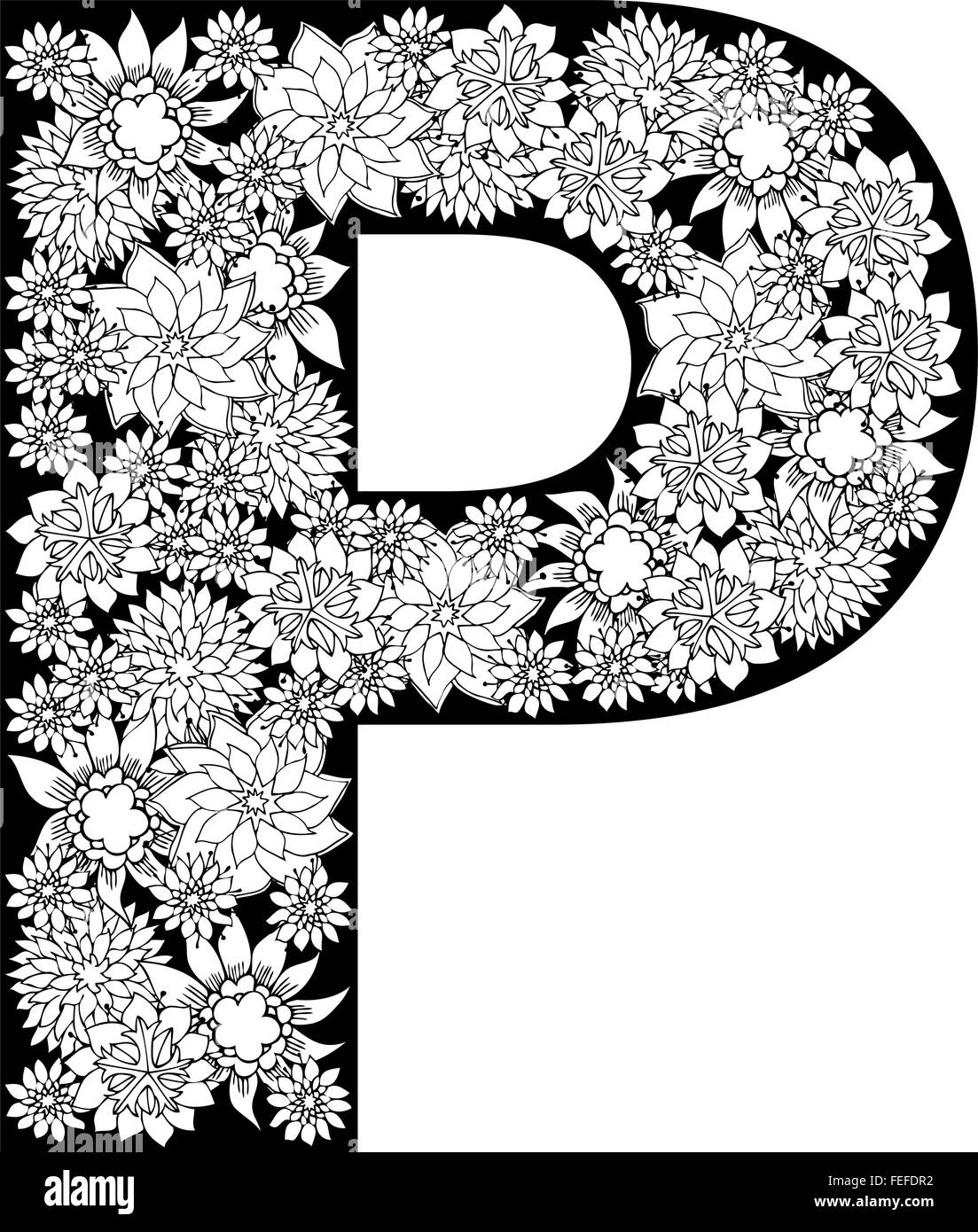 Floral design alphabet dessiné à la main. Lettre P Illustration de Vecteur