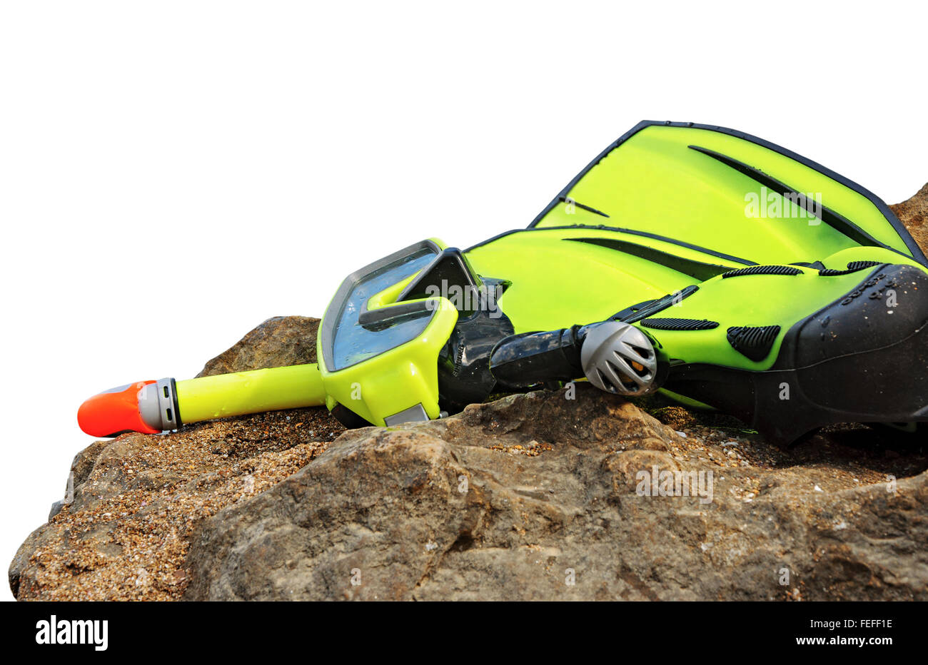 Masque de plongée, tuba et palmes isolé sur un fond blanc. Matériel de plongée. Banque D'Images